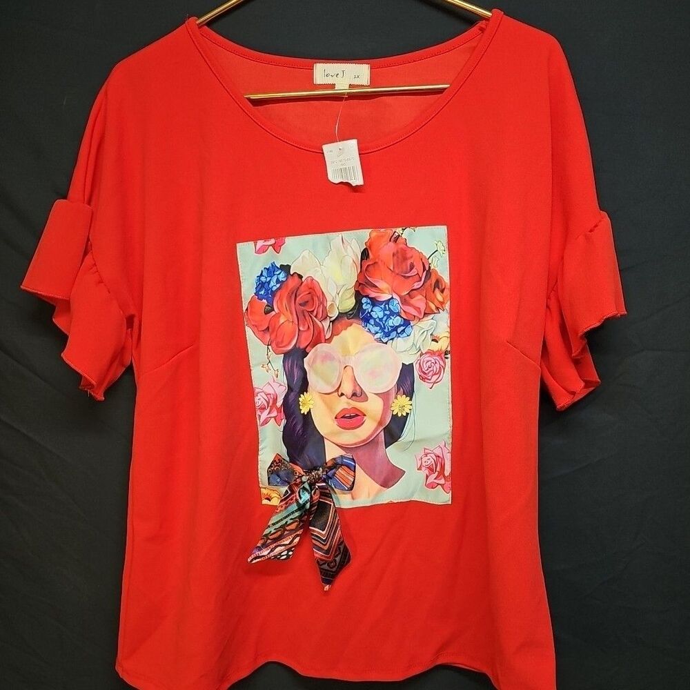 Colorful Off-Shoulder Floral Face Red Graphic Shirt Women's Size 1X